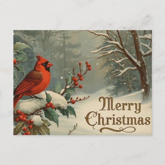 Merry Christmas Red Cardinal and Winter Berries  Feestdagenkaart (Voorkant)