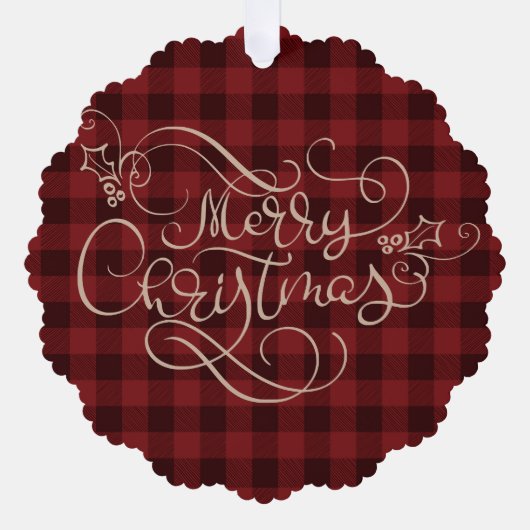 Merry Christmas Red Gingham Script Foto Ornament Kaart (Voorkant)