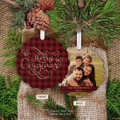 Merry Christmas Red Gingham Script Foto Ornament Kaart