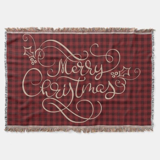Merry Christmas Red Gingham Script Typografie Deken (Voorkant)