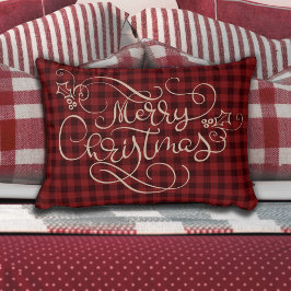 Merry Christmas Red Gingham Tan Script Typografie Accent Kussen
