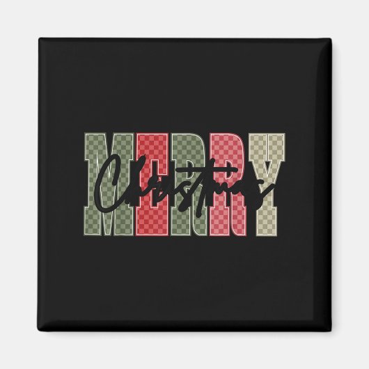 Merry Christmas Red Green Plaid Checkered Xmas Gir Magneet (Voorkant)