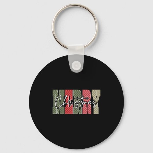 Merry Christmas Red Green Plaid Checkered Xmas Gir Sleutelhanger (Voorkant)