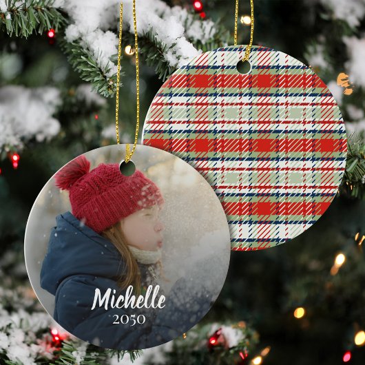 Merry Christmas Red Green Plaid Custom Photo Keramisch Ornament