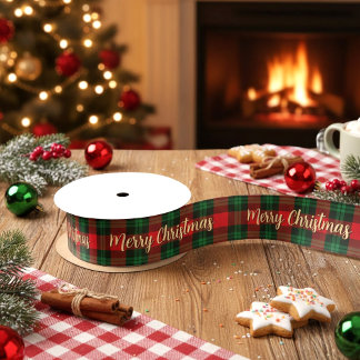 Merry Christmas Red Green Plaid Tartan Gift Satijnen Lint