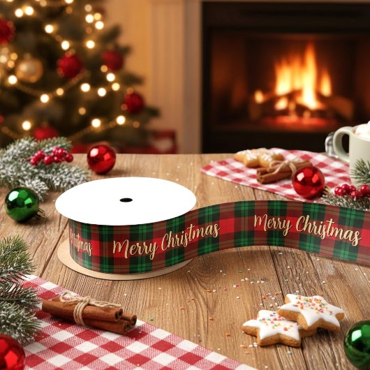 Merry Christmas Red Green Plaid Tartan Gift Satijnen Lint