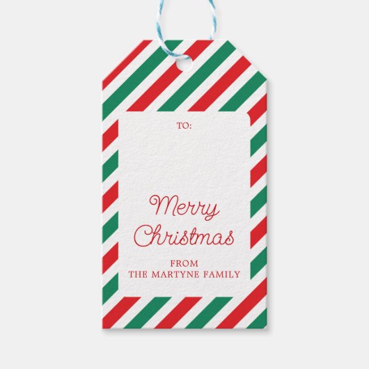 Merry Christmas Red Green Stripes Cadeau Label Cadeaulabel (Voorkant)