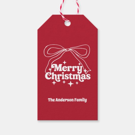 Merry Christmas red hand-drawn bow retro Cadeaulabel (Voorkant)