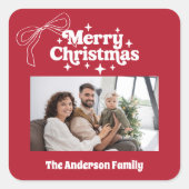 Merry Christmas red hand-drawn bow retro photo Vierkante Sticker (Voorkant)