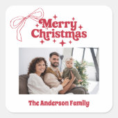 Merry Christmas red hand-drawn bow retro photo Vierkante Sticker (Voorkant)