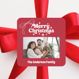 Merry Christmas red hand-drawn bow retro photo Vierkante Sticker