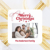 Merry Christmas red hand-drawn bow retro photo Vierkante Sticker