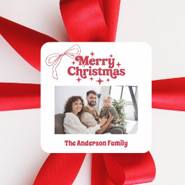 Merry Christmas red hand-drawn bow retro photo Vierkante Sticker