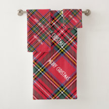 MERRY CHRISTMAS RED PLAID BATH TOWEL SET