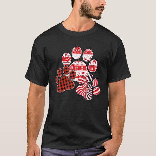 Merry Christmas Red Plaid Candy Cane Hond Paw Prin T-shirt (Voorkant)