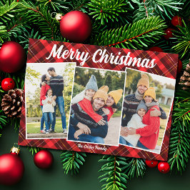 Merry Christmas Red Plaid Tartan 3 Foto Feestdagenkaart