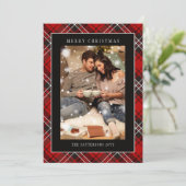 Merry Christmas Red Plaid Tartan Photo Feestdagenkaart (Staand voorkant)