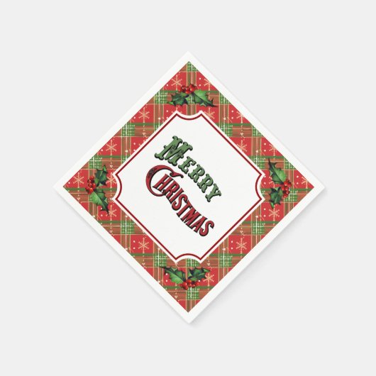Merry Christmas Red Plaid with Holly Servet (Hoek)