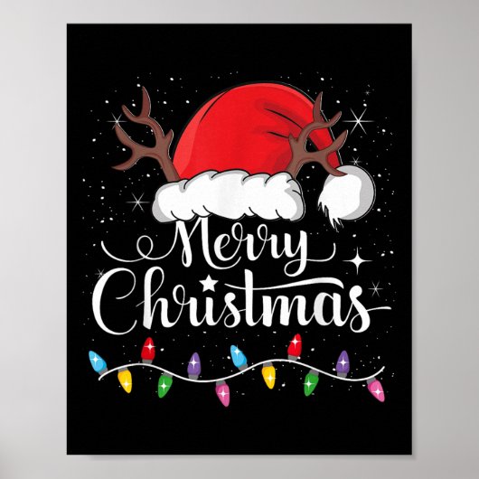 Merry Christmas Red Santa Hat Reindeer Xmas Family Poster (Voorkant)