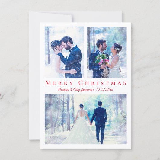 Merry Christmas Red Script 3 foto's bruiloft Feestdagenkaart (Voorkant)