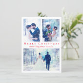 Merry Christmas Red Script 3 foto's bruiloft Feestdagenkaart (Staand voorkant)