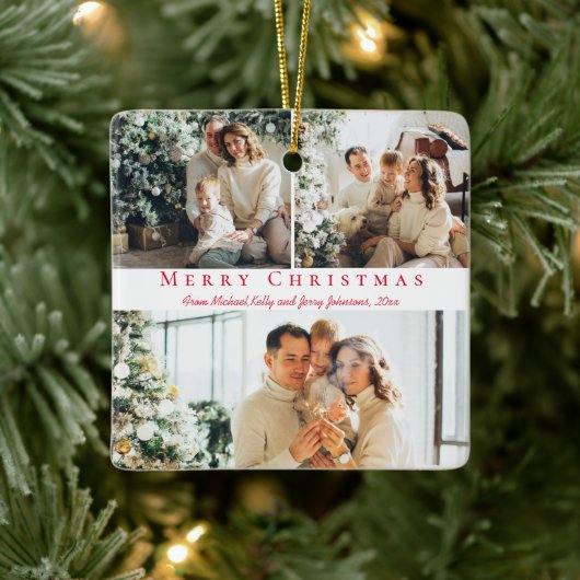 Merry Christmas Red Script 3 foto's Collage Famili Keramisch Ornament (Boom)