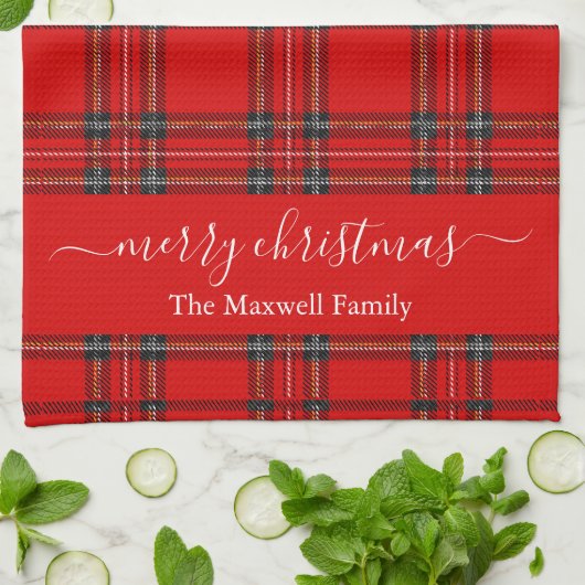 Merry Christmas red tartan plaid script name Theedoek (Gevouwen)