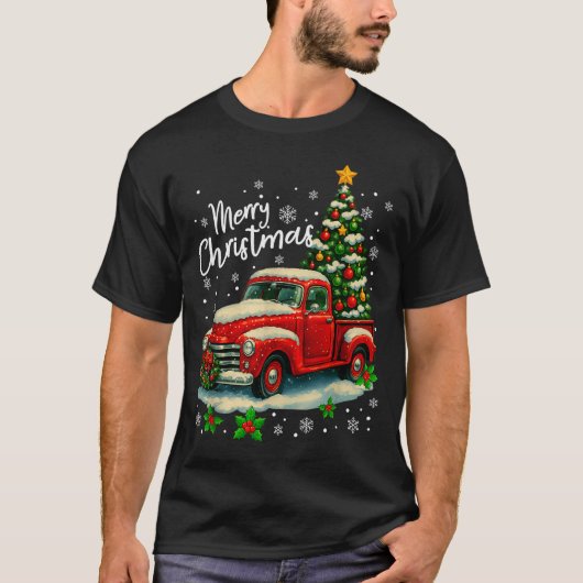 Merry Christmas Red Truck Funny Xmas Tree Family M T-shirt (Voorkant)
