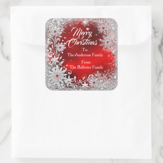 Merry Christmas Red White snowflakes red gems  Vierkante Sticker (Tas)