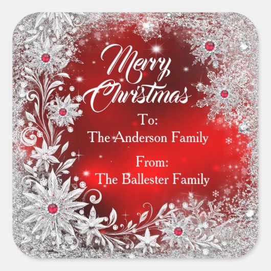 Merry Christmas Red White snowflakes red gems  Vierkante Sticker (Voorkant)