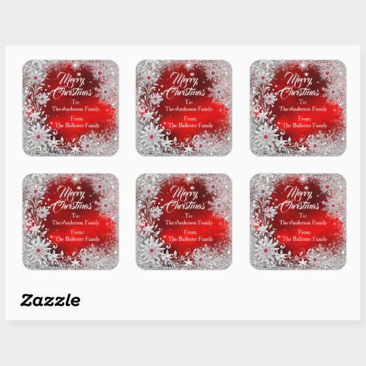 Merry Christmas Red White snowflakes red gems  Vierkante Sticker (Vel)