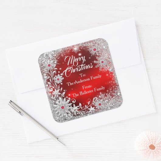 Merry Christmas Red White snowflakes red gems  Vierkante Sticker (Envelop)