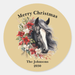 Merry Christmas Regal Zwart Paard Bruine Krans Ronde Sticker