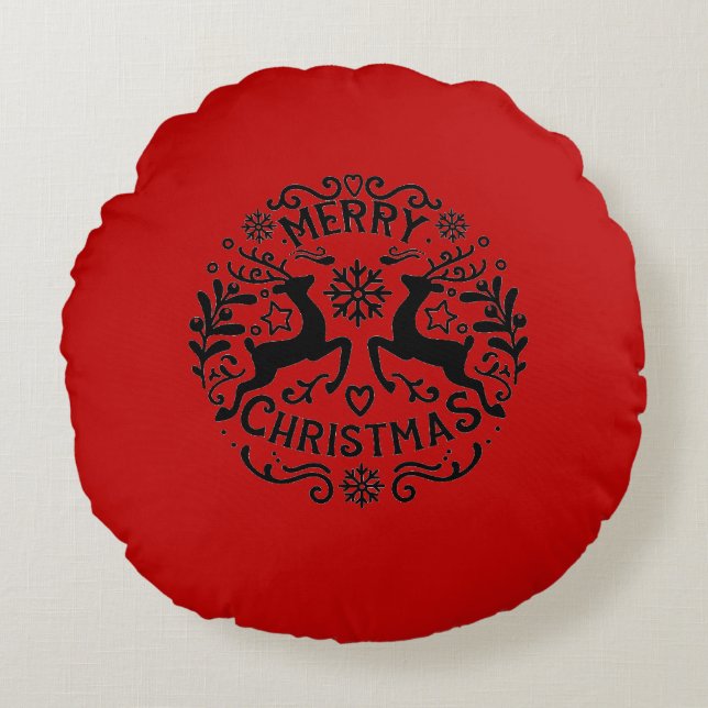 Merry Christmas Reindeer, Red Black Rond Kussen (Voorkant)