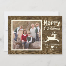 Merry Christmas Reindeer Rustic Wood Family Photo