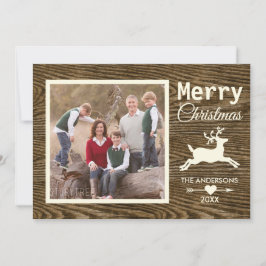 Merry Christmas Reindeer Rustic Wood Family Photo Feestdagenkaart