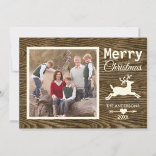 Merry Christmas Reindeer Rustic Wood Family Photo Feestdagenkaart