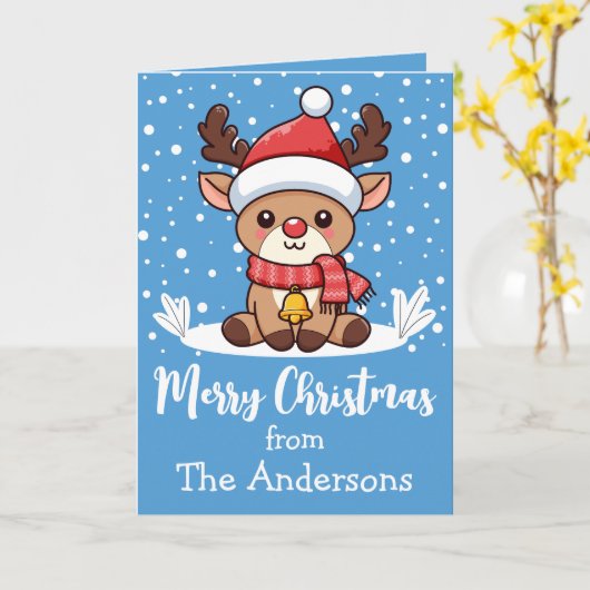 Merry Christmas Reindeer With Santa Hat Custom Kaart (Gele Bloem)
