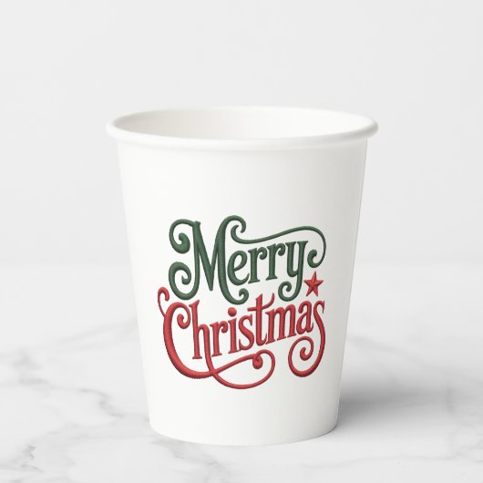 Merry Christmas Retro Borduurwerk Typografie Papieren Bekers (Achterkant)