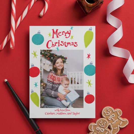 Merry Christmas Retro Ornamenten Foto Feestdagenkaart