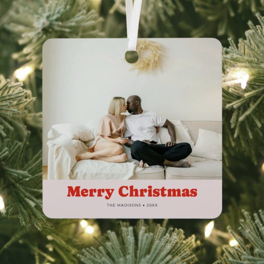Merry Christmas Retro Playful Serif Photo Metalen Ornament (Insitu)