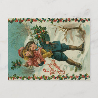 Merry Christmas - retro postcard, children, holly Briefkaart