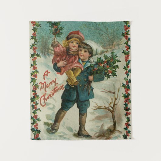 Merry Christmas - retro postcard, children, holly Wandkleed (Voorkant)