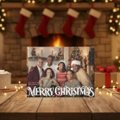 Merry Christmas Retro Script | Custom Four-Photo Feestdagenkaart