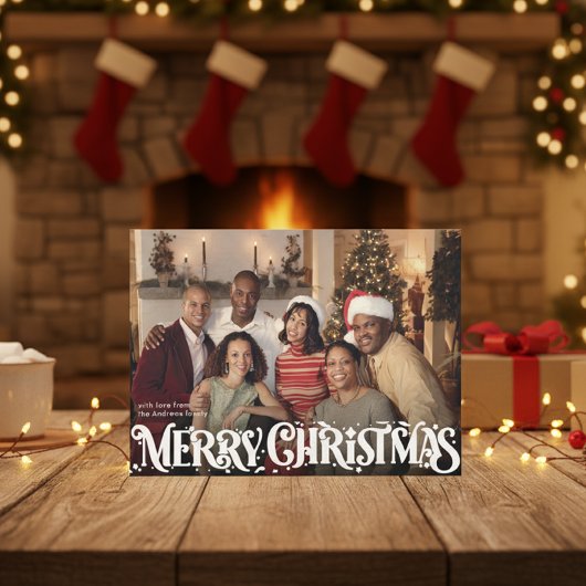 Merry Christmas Retro Script | Custom Four-Photo Feestdagenkaart