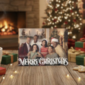 Merry Christmas Retro Script | Custom Four-Photo Feestdagenkaart