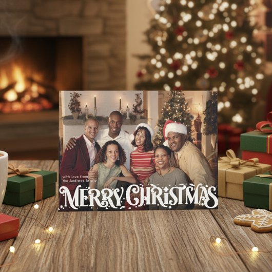 Merry Christmas Retro Script | Custom Four-Photo Feestdagenkaart