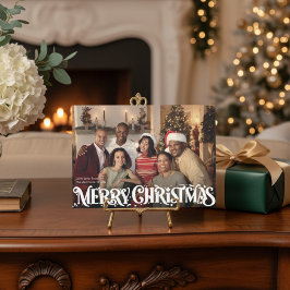 Merry Christmas Retro Script | Custom Four-Photo Feestdagenkaart