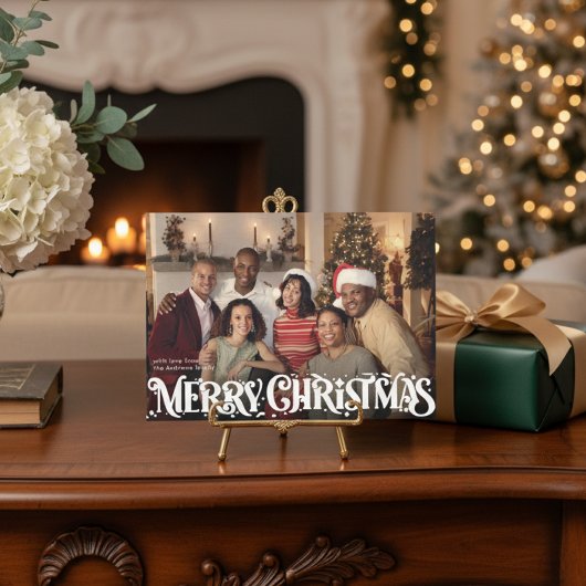 Merry Christmas Retro Script | Custom Four-Photo Feestdagenkaart