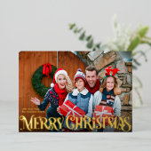 Merry Christmas Retro Script | Custom Four-Photo Folie Feestdagenkaart (Staand Voorkant)